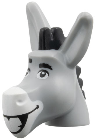 Lego Donkey Head with Molded Black Mane and Printed Black Eyebrows, White Muzzle, Open Mouth Smile with Teeth Pattern / Light Bluish Gray