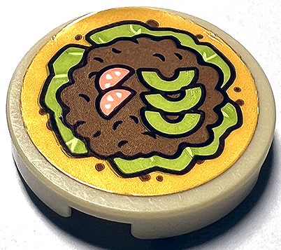 Lego Tile, Round 2 x 2 with Bottom Stud Holder with Taco with Lettuce, Meat, Tomato and Avocado Slices Pattern (Sticker) - Set 41747 / Tan