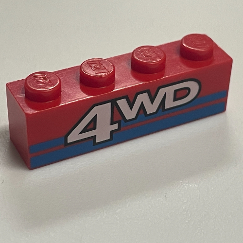 Lego Brick 1 x 4 with '4WD' and Blue Stripes Print / Red