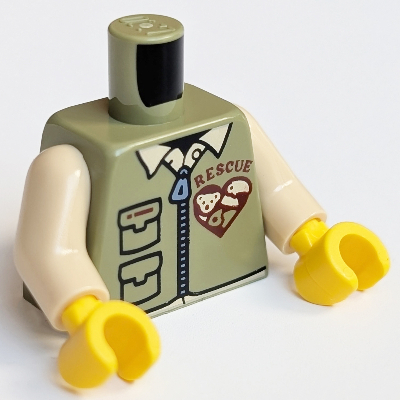 Lego Torso Shirt and Vest with Zipper, Pockets, Heart, 'Rescue' Print, Tan Arms, Yellow Hands / Olive Green