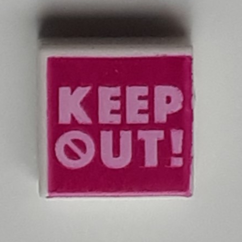 Lego Tile 1 x 1 with Bright Pink 'KEEP OUT!' on Magenta Background Print / White