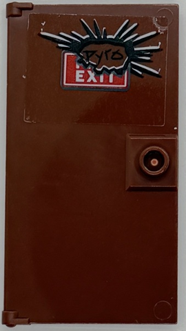 Lego Door 1 x 4 x 6 with Stud Handle with White 'FIRE EXIT' on Red Sign and 'Pyro' Pattern (Sticker) - Set 76294 / Reddish Brown