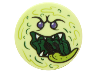 Lego Tile, Round 2 x 2 with Bottom Stud Holder with Ghost Face with Dark Purple Eyes, Dark Green Open Mouth, White Sharp Teeth, and Lime Tongue Pattern / Yellowish Green