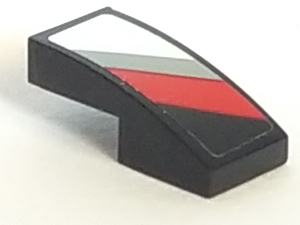 Lego Slope, Curved 2 x 1 x 2/3 with Light Bluish Gray, Red and White Diagonal Stripes on Black Background Pattern Model Right Side (Sticker) - Set 75887
