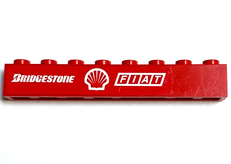 Lego Brick 1 x 8 with White 'BRIDGESTONE', Shell Logo and 'FIAT' on Red Background Pattern (Sticker) - Set 8654