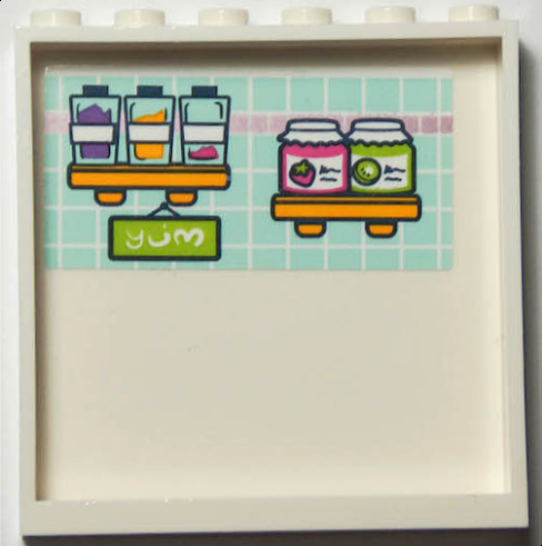 Lego Panel 1 x 6 x 5 with Pantry Shelves with Dark Pink and Lime Jars and 'yum' Sign on Light Aqua Tile Background Pattern (Sticker) - Set 41395