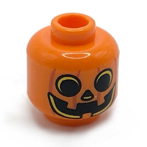 Lego Minifig Head Pumpkin, Jack O' Lantern with Open Circular Eyes with Vertical Lines on Back Print