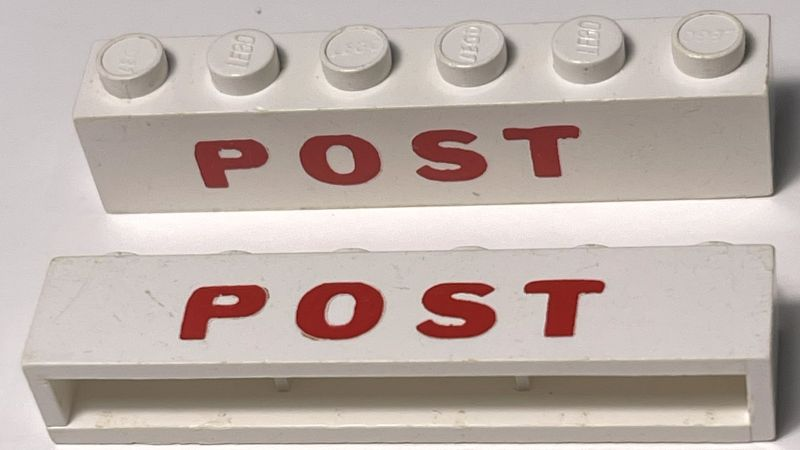 Lego Brick 1 x 6 without Bottom Tubes with Cross Side Supports with Red 'POST' Sans-Serif Small (Letters Wide) Pattern