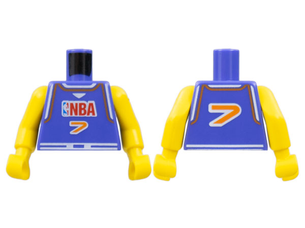 Lego Torso Basketball Jersey Tank Top with White Trim, NBA Logo, and Orange Number 7 Pattern / Yellow NBA Arms