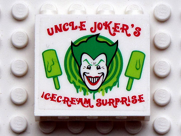 Lego Panel 1 x 4 x 3 - Hollow Studs with 'UNCLE JOKER'S ICECREAM SURPRISE' Pattern (Sticker) - Set 7888 / White