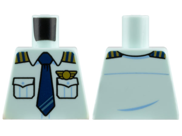Lego Torso Pilot Uniform Shirt with Pockets and Epaulettes, Dark Blue Tie, Gold Wings Badge Pattern / Light Aqua