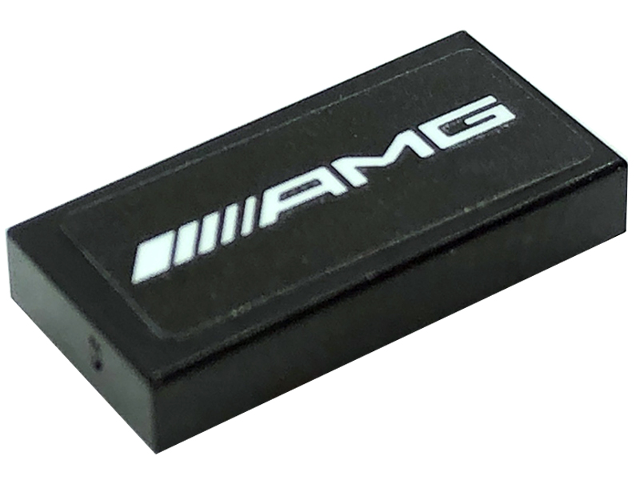 Lego Tile 1 x 2 with White 'AMG' Logo Pattern (Sticker) - Set 76909 / Black
