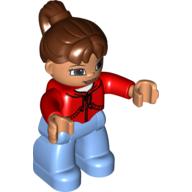 Lego Duplo Figure with Ponytail Reddish Brown, with Brown Eyes, Red Top, Medium Blue Legs