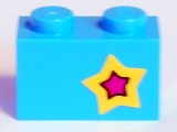 Lego Brick 1 x 2 with Yellow and Magenta Star on Right Side Pattern (Sticker) - Set 41346 / Medium Azure