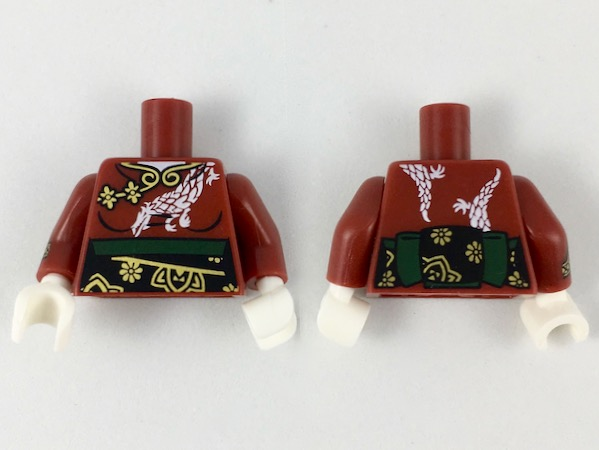 Lego Torso Kimono Robe with White Dragon and Gold Trim, Black and Dark Green Obi Sash Pattern / Dark Red Arm Left / Dark Red Arm Right with Gold Bracelet with Red Stone Pattern / White Hands