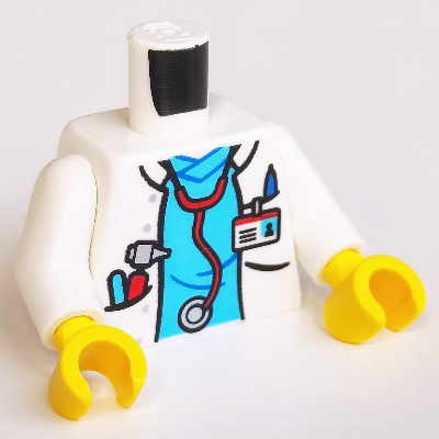 Lego Torso Hospital Lab Coat, Medium Azure Scrubs, ID Badge and Stethoscope Print, White Arms, Yellow Hands