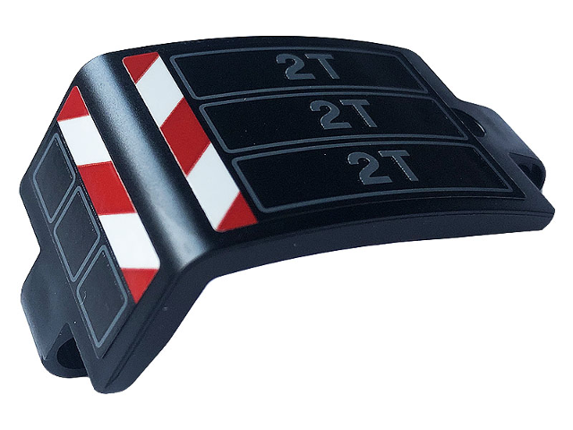 Lego Technic, Panel Curved 3 x 5 x 3 with Red and White Danger Stripes and Dark Bluish Gray '2T' Pattern Model Left Side (Sticker) - Set 42108