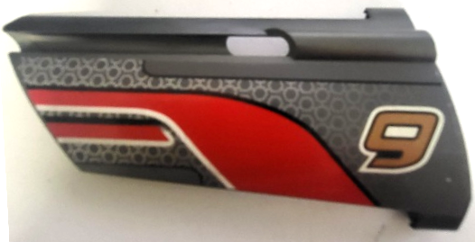 Lego Technic, Panel Fairing #21 Large Long, Small Hole, Side B with Number 9, Curved Red Stripe, Black and White Lines Pattern (Sticker) - Set 8366