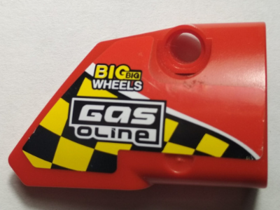 Lego Technic, Panel Fairing # 2 Small Smooth Short, Side B with Black and Yellow Squares, 'BIG big WHEELS', 'GASoline' Pattern (Sticker) - Set 42005