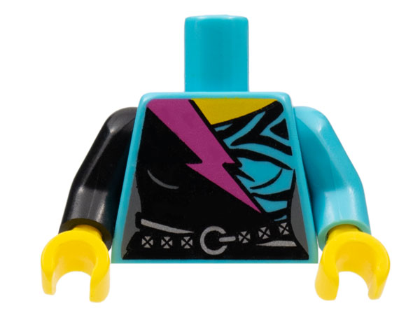 Lego Torso Black Wrap Dress with Belt and Dark Pink Lightning Bolt Pattern / Medium Azure Arm Left / Black Arm Right / Yellow Hands