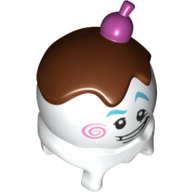 Lego Minifig Head Special, Ice Cream Saxophonist, Azure Eyebrows, Pink Swirl, Reddish Brown Top with Magenta Cherry Print / White