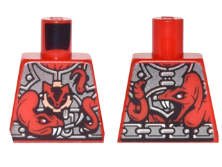 Lego Torso Ninjago Metallic Silver Armor with 2 Large Red Snakes with White Fangs and Clock Pattern / Red