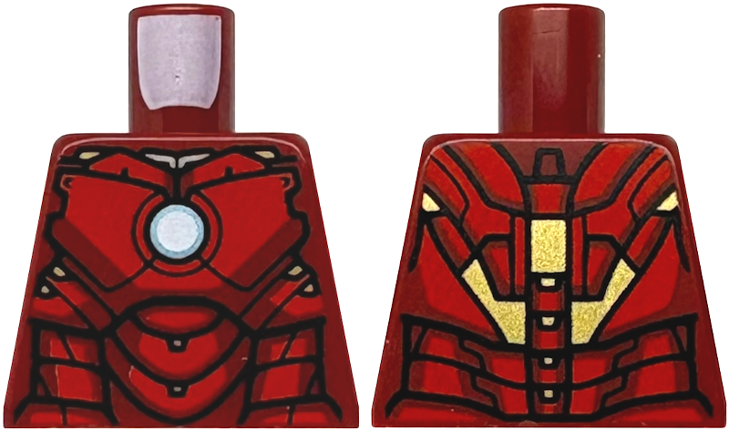 Lego Torso Armor with Metallic Light Blue and White Circle Arc Reactor, Red Panels, Gold Trim on Back Pattern (Iron Man Mark 4) / Dark Red