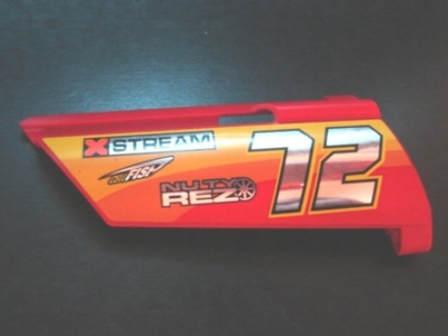 Lego Technic, Panel Fairing #21 Large Long, Small Hole, Side B with Chrome '72' and Racing Logos on Orange and Yellow Pattern (Sticker) - Set 8146 / Red