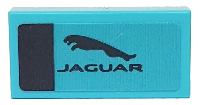 Lego Tile 1 x 2 with Black Stripe and 'JAGUAR' on Medium Azure Background Pattern (Sticker) - Set 76898 / Medium Azure