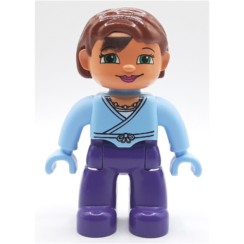 Lego Duplo Figure Bob / Pageboy Hair Reddish Brown, with Dark Purple Legs, Light Blue Wrap Top with Necklace, Light Blue Hands / Bright Light Blue
