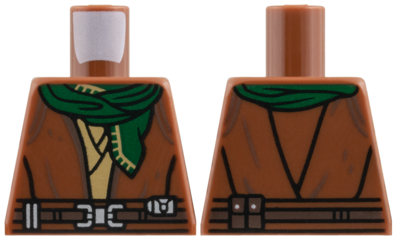 Lego Torso SW Robe over Dark Tan Shirt, Belt with Silver Buckle and Dark Brown Pouches, Dark Green Scarf Pattern / Reddish Brown