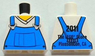 Lego Torso V-Neck Shirt with Blue Overalls Front, 2011 The LEGO Store Pleasanton, CA Back Pattern / White