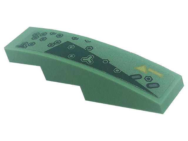 Lego Slope, Curved 4 x 1 with Dark Green Triangle, Hexagons and Gold Line Pattern Model Right Side (Sticker) - Set 71745