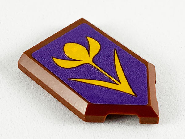 Lego Tile, Modified 2 x 3 Pentagonal with Dark Purple Pentagon and Glittery Bright Light Orange Flower Pattern (Sticker) - Set 41164 / Reddish Brown