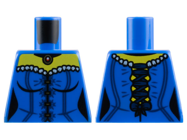 Lego Torso Female Corset with White Trim and Dark Blue Lines, Straps, and Bow, Pendant Necklace, Yellow Neck Pattern / Blue