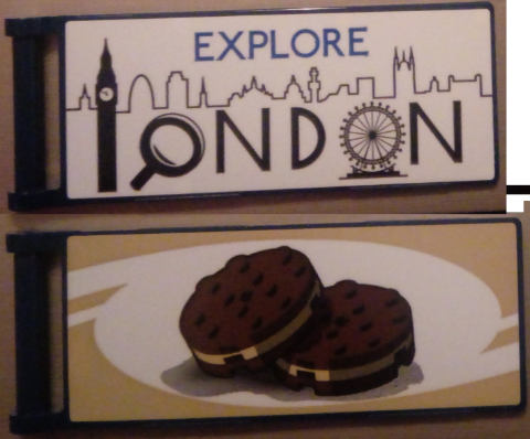Lego Flag 7 x 3 with Bar Handle with 'EXPLORE LONDON' / Biscuits Pattern Model Left Side (Stickers) - Set 10258 / Dark Blue