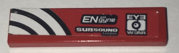 Lego Tile 1 x 4 with 'EYE WEAR', 'ENgyne', 'SUBSOUND Limiter' and White and Black Curved Lines Pattern Model Left Side (Sticker) - Set 8182 / Red