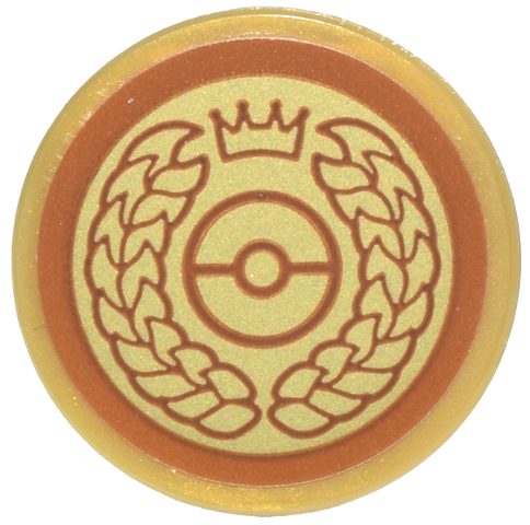 Lego Tile, Round 2 x 2 with Bottom Stud Holder with Dark Orange Circle, Laurels, Crown and Pokémon Poké Ball on Gold Background Pattern (Sticker) - Set 72165 / Pearl Gold