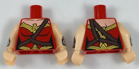 Lego Torso Female Outline, Black Collarbone and Gold Trim with Diagonal Belt Pattern / Light Nougat Arms with Silver Gauntlet Pattern / Light Nougat Hands