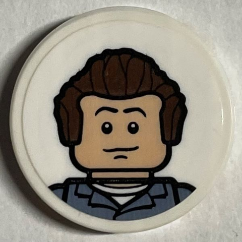 Lego Tile, Round 2 x 2 with Bottom Stud Holder with Minifigure Portrait with Dark Brown Hair and Sand Blue Jacket Pattern (Sticker) - Set 21330 / White