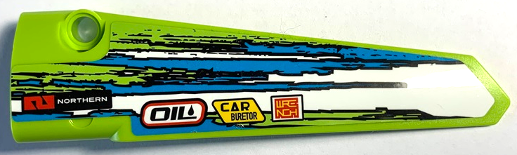 Lego Technic, Panel Fairing # 5 Long Smooth, Side A with 'NORTHERN', 'OIL', 'CAR BURETOR', 'WRENCH' and Blue and White Stripes Pattern (Sticker) - Set 42103