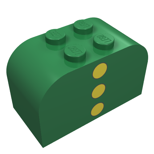 Lego Brick Curved 2 x 4 x 2 Double with 3 Yellow Dots Print / Green
