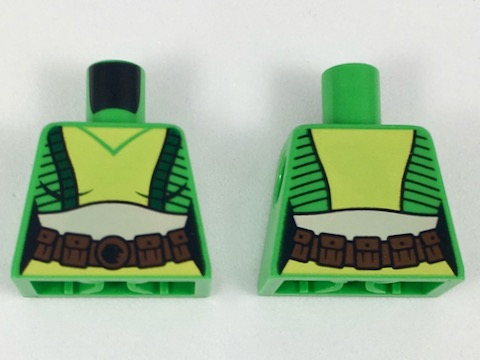 Lego Torso Female Top with Black Stripes, Yellow Front Panel, Light Nougat Midriff, Reddish Brown Belt Pattern / Bright Green