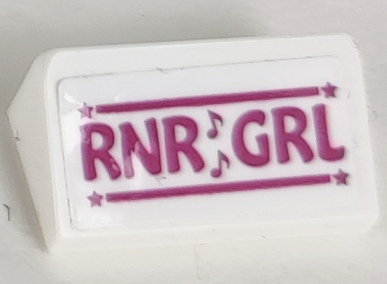 Lego Slope 30 1 x 2 x 2/3 with Magenta 'RNR GRL', Lines, Stars, and Music Notes Pattern (Sticker) - Set 41390 / White
