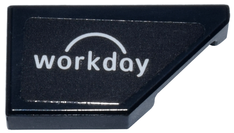Lego Tile, Modified 1 x 2 Wedge Right with White 'workday' and Semicircle Logo Pattern (Sticker) - Set 77251
