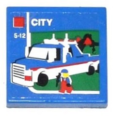 Lego Tile 2 x 2 with Lego Tow Truck, 'CITY' and '5-12' Pattern (Sticker) - Set 60050 / Blue