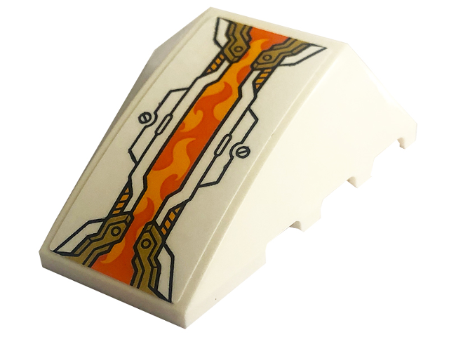 Lego Wedge 4 x 4 Triple Curved No Studs with Gold and White Armor Plates, Screws and Bright Light Orange and Orange Flames Pointing Up Pattern Model Front (Sticker) - Set 80034