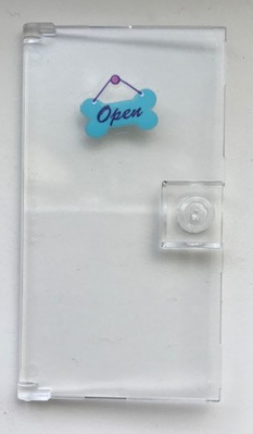 Lego Door 1 x 4 x 6 with Stud Handle with 'Open' on Medium Azure Bone Shaped Sign Pattern (Sticker) - Set 41345 / Trans-Clear
