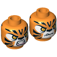 Lego Minifig Head Tormak, Dual Sided, Tiger with Orange Eyes, Fangs and Black Stripes, Neutral / Angry Print [Hollow Stud] / Orange