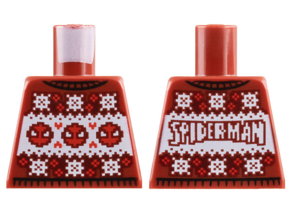 Lego Torso Knit Fair Isle Holiday Sweater with White Snowflakes and Red Spider-Man Heads Pattern / Dark Red